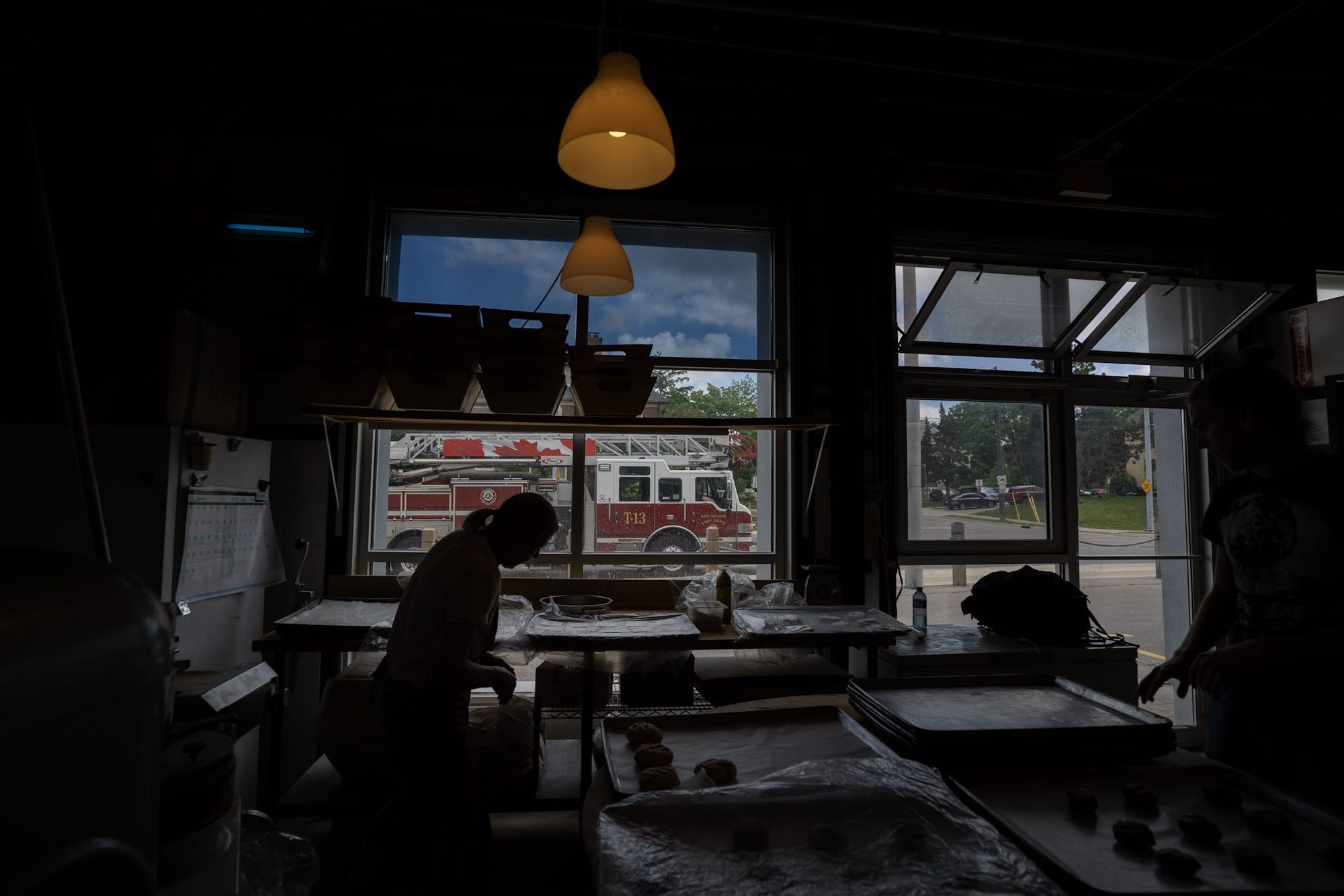 Daylight through the front windows across the seating area